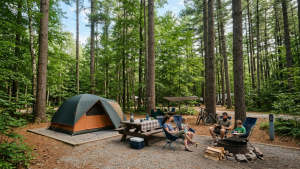 Family campsite surrounded by forest at an Ontario provincial park