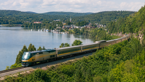 Passenger train traveling through the Ontario countryside during summer